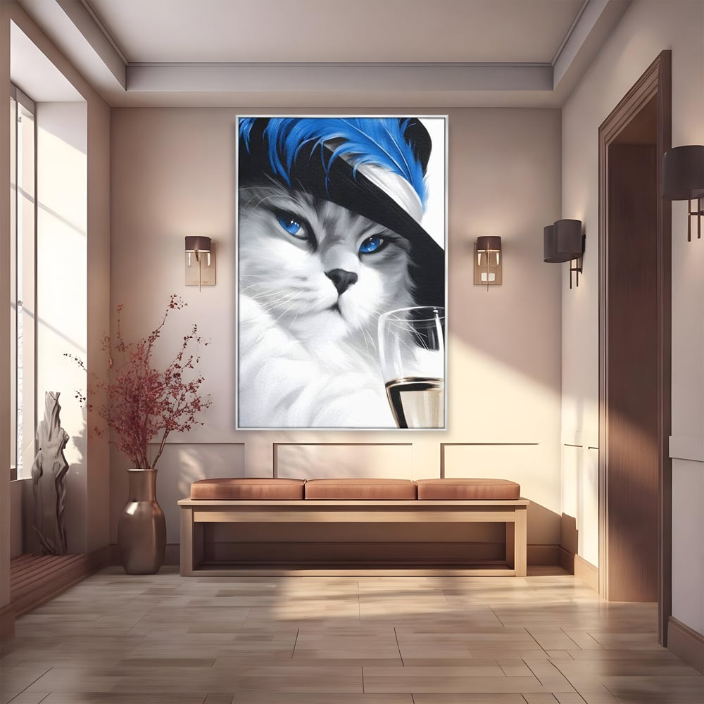 Tablou canvas cu tablou canvas cu pisica aristocrata si palarie, in rama de aluminiu argintiu